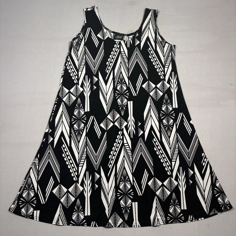 Jostar Tunic Mini Dress Womens Medium Black White Geometric Stretch Boho USA
